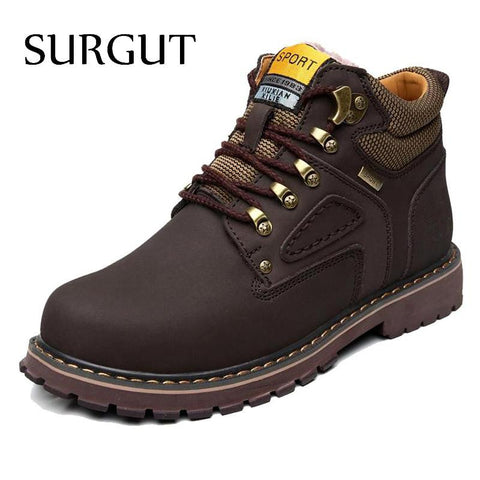 SURGUT Brand Super Warm Men's Winter Leather Men Waterproof Rubber Snow Boots Leisure Boots England Retro Shoes For Men Big Size