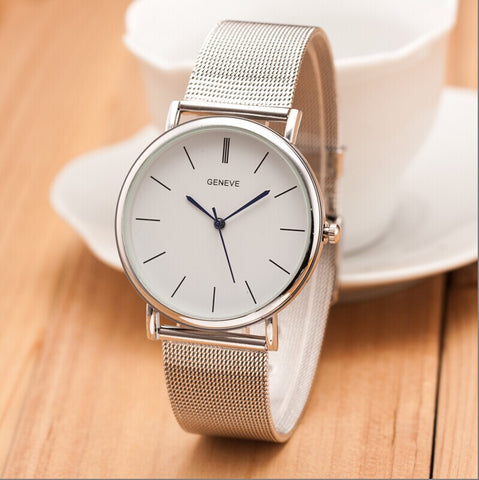 2015 New Famous Brand Silver Casual Geneva Quartz Watch Women Metal Mesh Stainless Steel Dress Watches Relogio Feminino Clock