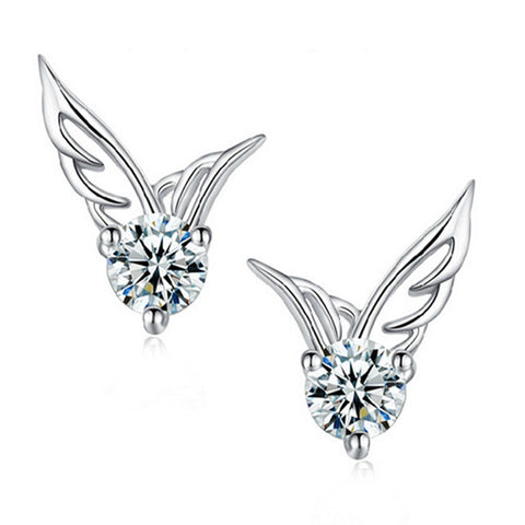 New Ladies Korean Fashion Silver Jewelry Angel Wings Crystal Ear Stud Earrings Exquisite women fashion Earrings Free Shipping