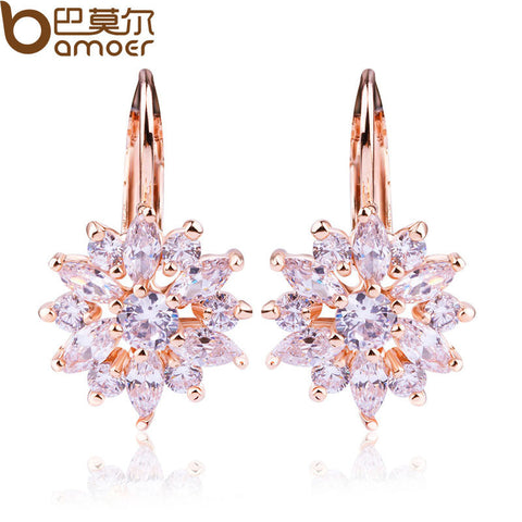 BAMOER Luxury Champagne Gold Flower Stud Earrings with Zircon Stone Women Birthday Gift Bijouterie JIE014