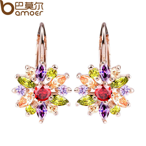 BAMOER Luxury Champagne Gold Flower Stud Earrings with Zircon Stone Women Birthday Gift Bijouterie JIE014