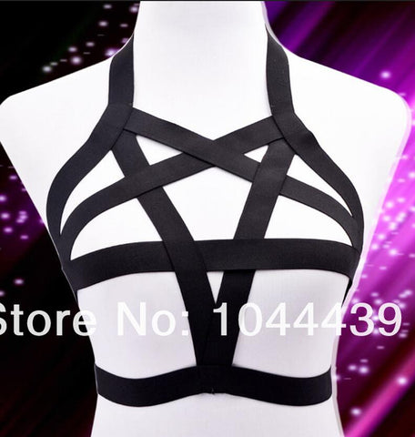 New Sexy Elastic Lingerie pentagram harness cage bra body cage fetish bondage Harness Belt  90's Goth Body suit