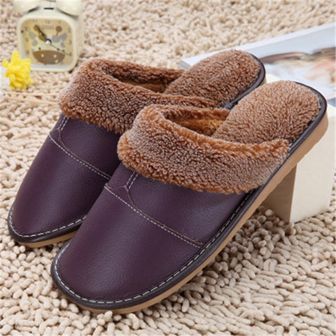 High Quality Winter Warm Home Slippers Couples Genuine Cow Leather Leisure Lamb Wool Cow Muscle Women Men Indoor Floor Slippers