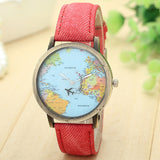 Women Dress Watches New Global Travel By Plane Map Women Dress Watch Denim Fabric Band Women clock relogio feminino 7Colors