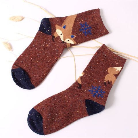 women vintage socks brand retro animals patterns rabbit wool socks autumn winter cute cartoon fox wolf warm cotton socks