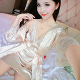 2016 Spring Summer Autumn Women Silk Nightdress  Set of Robe & Nightgown Lady Sexy  Dress Female Twinset of Sleepwear