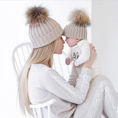 Mom and Baby Matching Knitted Hats Warm Fleece Crochet Beanie Hats Winter Mink PomPom Kids Children Mommy Headwear Hat Caps