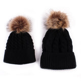 Mom and Baby Matching Knitted Hats Warm Fleece Crochet Beanie Hats Winter Mink PomPom Kids Children Mommy Headwear Hat Caps