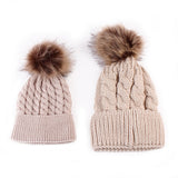 Mom and Baby Matching Knitted Hats Warm Fleece Crochet Beanie Hats Winter Mink PomPom Kids Children Mommy Headwear Hat Caps