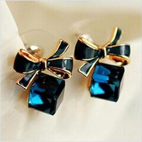 ne424  2016 New jewelry Shimmer Chic fashion Gold Bowknot Cube Crystal Earring Rose Gold Square bow Stud Earrings for Women