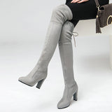 Women Stretch Faux Suede Thigh High Boots Sexy Fashion Over the Knee Boots High Heels Woman Shoes Black Gray Winered