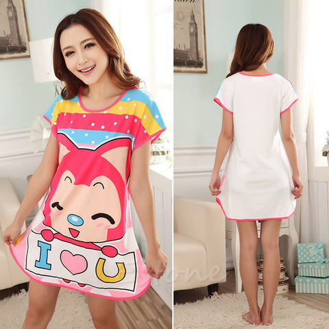 New Women Cartoon Polka Dot Sleepwear Short Sleeve Sleepshirt Sleepdress