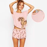 Add Pink Add Size XS Cute Women's Sets Dachshund Print 2 Pieces Set Crop Top + Shorts Elastic Waist Stretchy Loose Plus Size