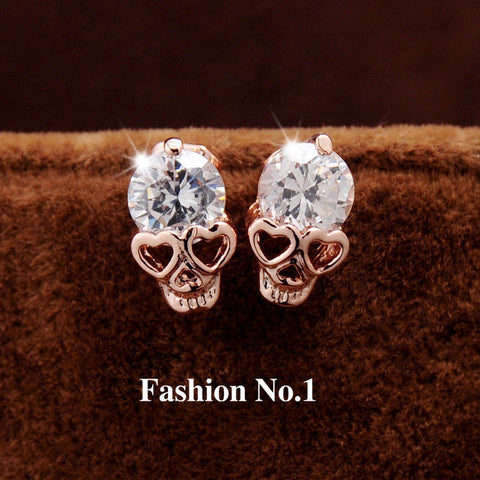 New Fashion Vintage Stud Earrings CZ Crystal  Gold Plated Skull Stud Earrings Free Shipping