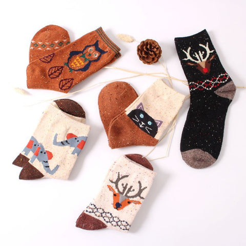 Vintage thick rabbit wool women ladies crew socks retro winter Harajuku animal owl deer cat elephant brand lovely cute cotton