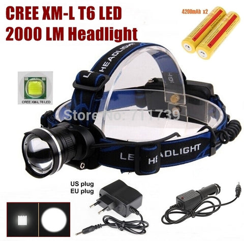 AloneFire HP87 cree led Headlight Cree XM-L T6 LED 2000LM cree led Headlamp light+AC Charger/Car charger/2x4200mAh 18650 battery