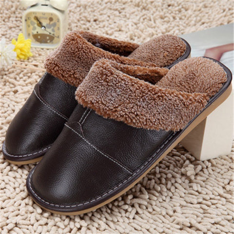 High Quality Winter Warm Home Slippers Couples Genuine Cow Leather Leisure Lamb Wool Cow Muscle Women Men Indoor Floor Slippers