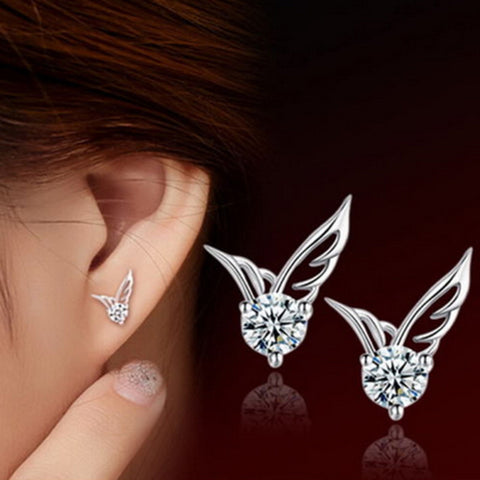 New Ladies Korean Fashion Silver Jewelry Angel Wings Crystal Ear Stud Earrings Exquisite women fashion Earrings Free Shipping