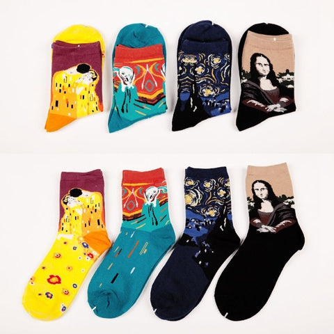 1Pair Fashion Retro Women Men Painting Mona Lisa Art  Socks Funny Novelty Starry Night Comfortable Breathable Socks 2016 Hot