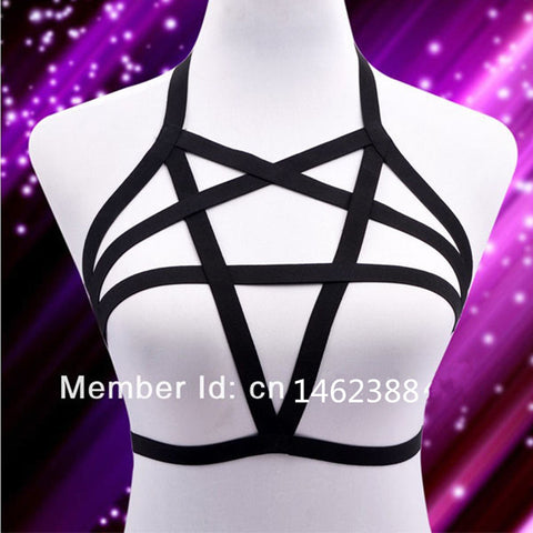 New Sexy Elastic Lingerie pentagram harness cage bra body cage fetish bondage Harness Belt  90's Goth Body suit