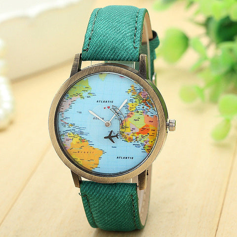 Women Dress Watches New Global Travel By Plane Map Women Dress Watch Denim Fabric Band Women clock relogio feminino 7Colors