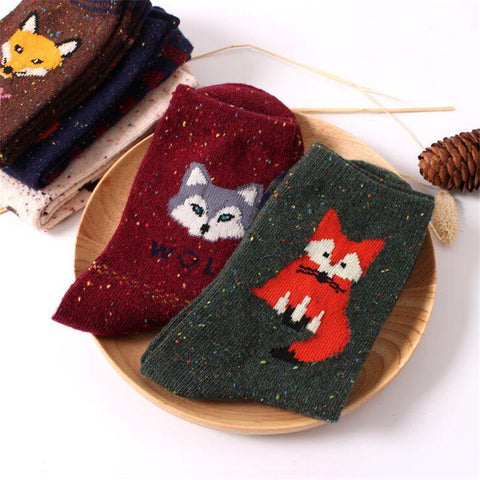 women vintage socks brand retro animals patterns rabbit wool socks autumn winter cute cartoon fox wolf warm cotton socks