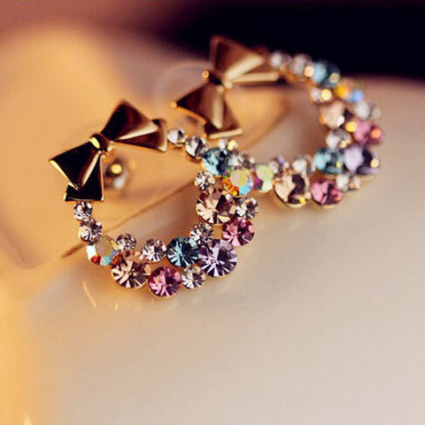 Free Shipping $10 (mix order) New Fashion Imitation Colorful Rhinestone Bow Earrings E41 Vintage Jewelry