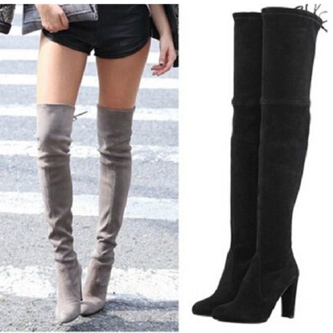 Women Stretch Faux Suede Thigh High Boots Sexy Fashion Over the Knee Boots High Heels Woman Shoes Black Gray Winered